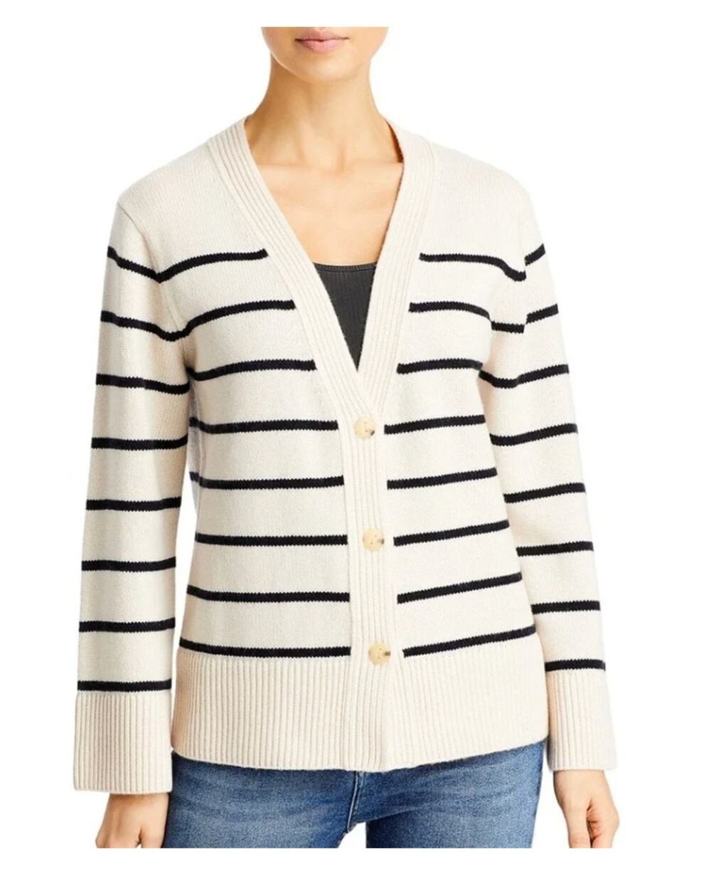 Vince Cardigan Wool Cashmere Cream Black Stripe Grandpa Sweater Size L Large Lg